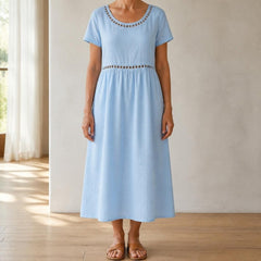 Rosemary cut-out trim short-sleeve midi dress in Light Blue, front view