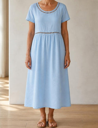 Rosemary cut-out trim short-sleeve midi dress in Light Blue, front view
