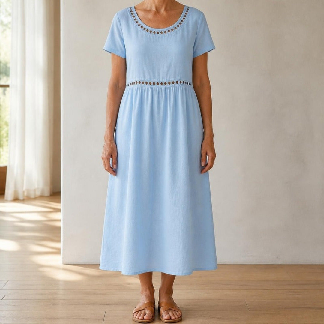 Rosemary cut-out trim short-sleeve midi dress in Light Blue, front view