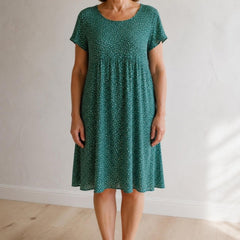 Georgina speckle print short-sleeve summer dress in Green, front view