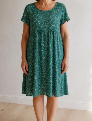 Georgina speckle print short-sleeve summer dress in Green, front view