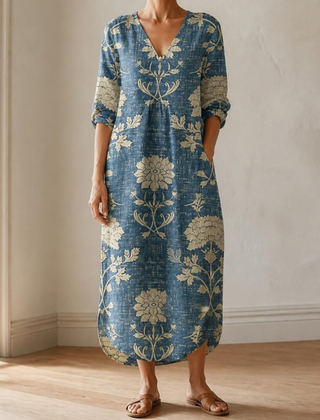 Winifred floral print V-neck midi dress in Blue, full-length front view