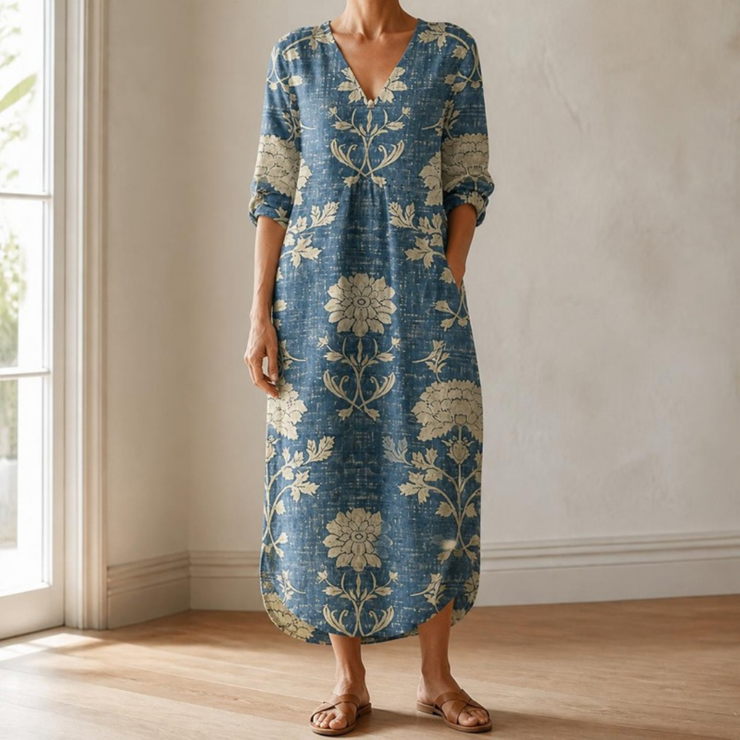 Winifred floral print V-neck midi dress in Blue, full-length front view