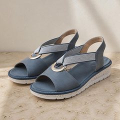 Tilda ring-detail stretch strap wedge sandals in Blue, pair shown from the side