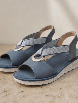 Tilda ring-detail stretch strap wedge sandals in Blue, pair shown from the side