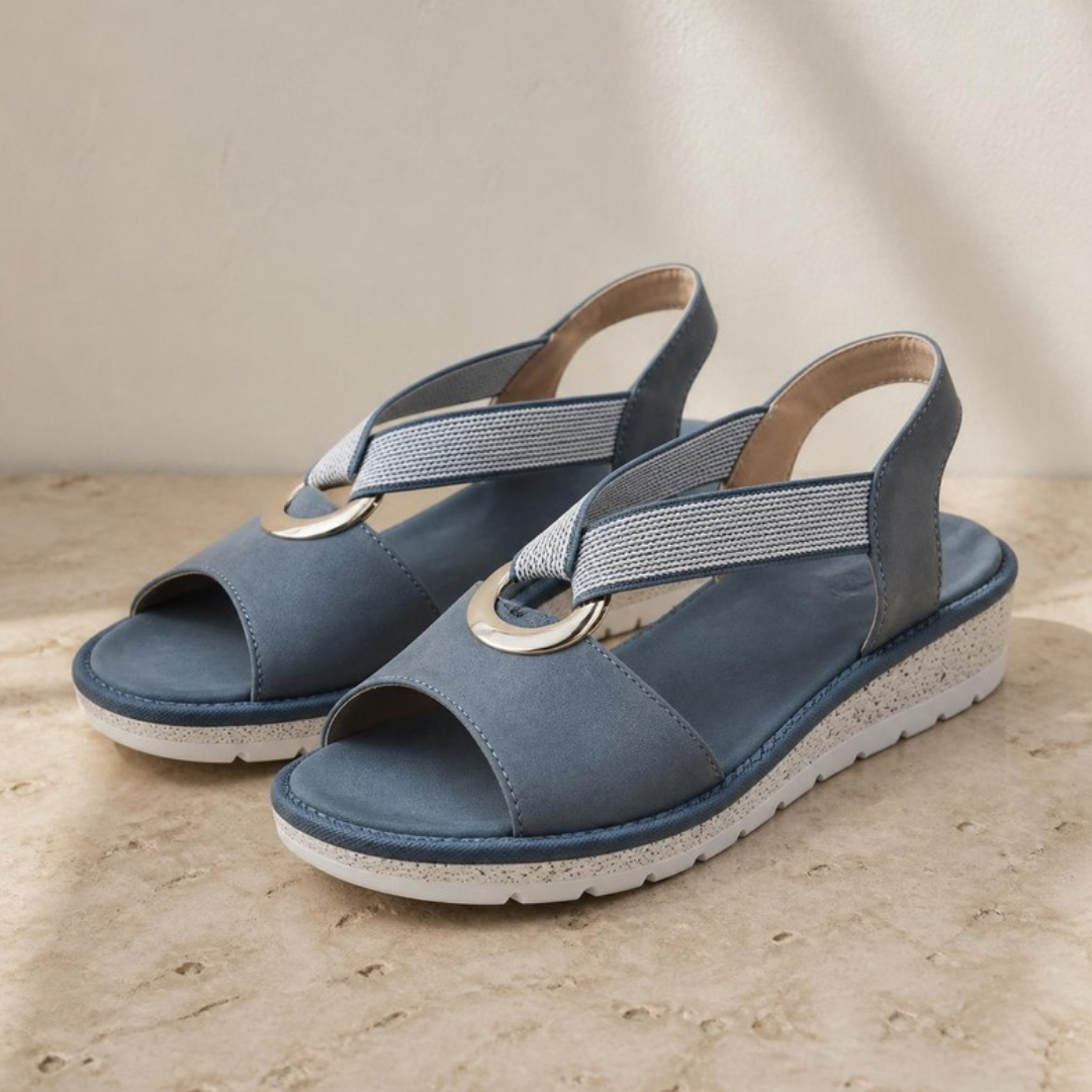 Tilda ring-detail stretch strap wedge sandals in Blue, pair shown from the side