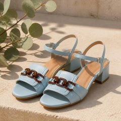 Erica chain-detail block heel sandals in Blue