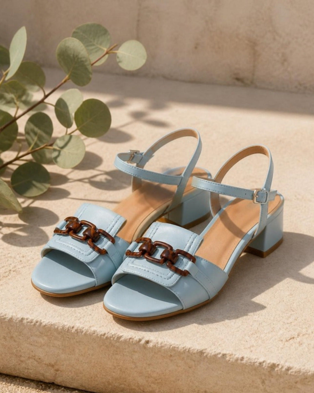 Erica chain-detail block heel sandals in Blue
