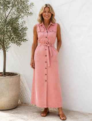 Bronte sleeveless denim maxi shirt dress in Pink