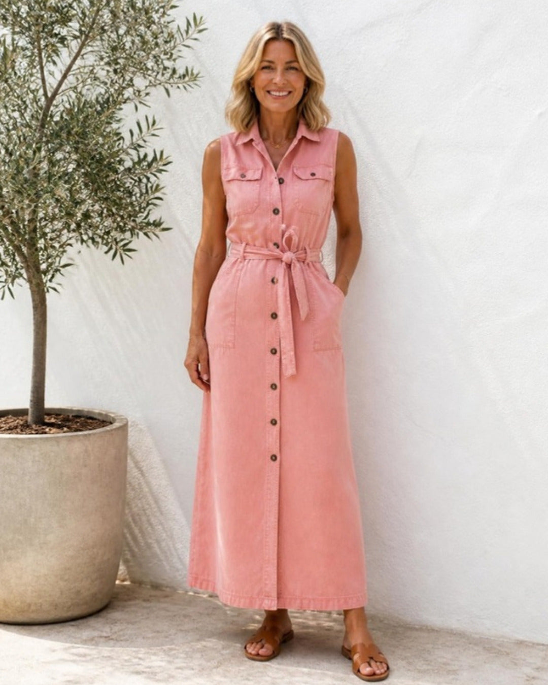 Bronte sleeveless denim maxi shirt dress in Pink