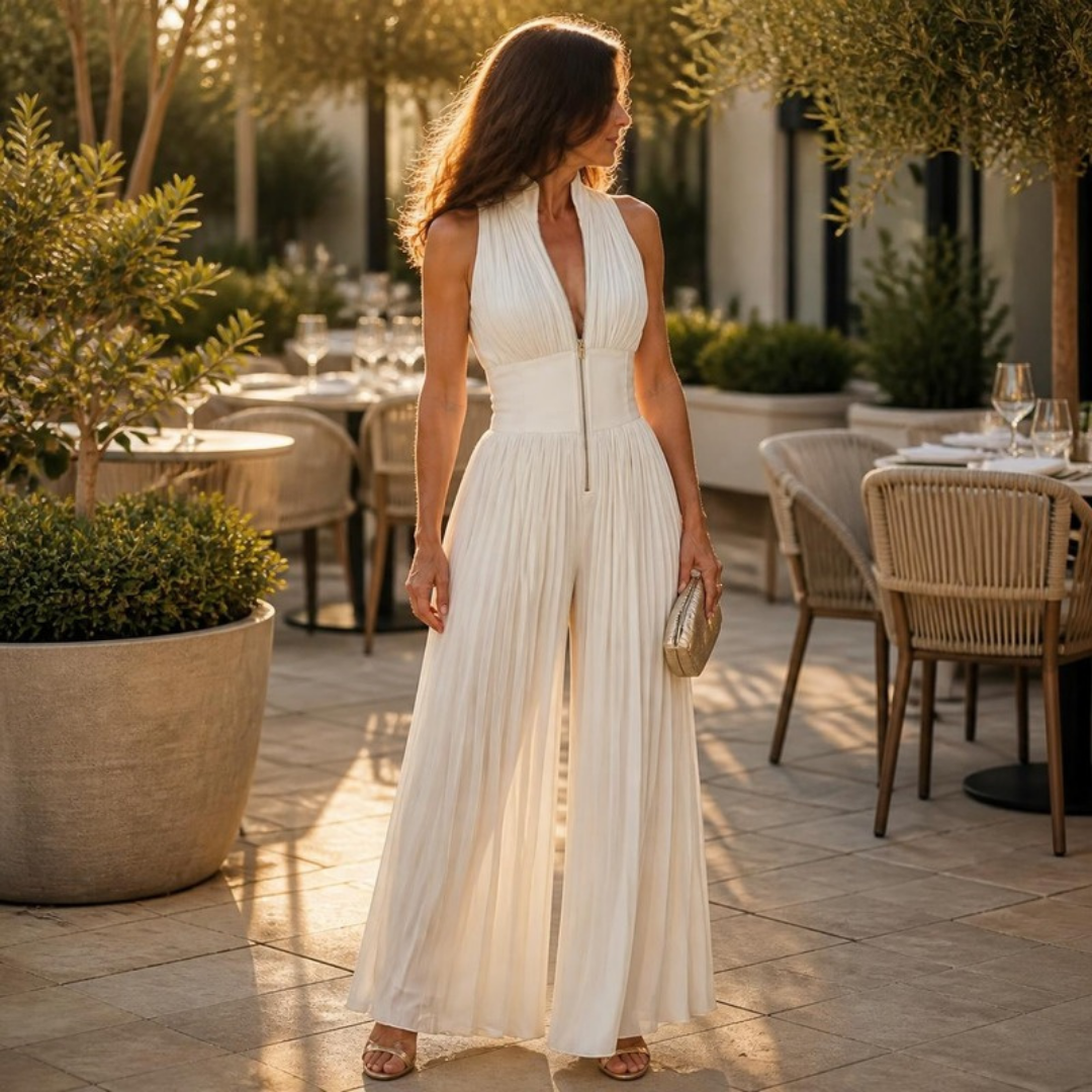 Linnea jumpsuit in White — worn on a terrace at golden hour with a small clutch