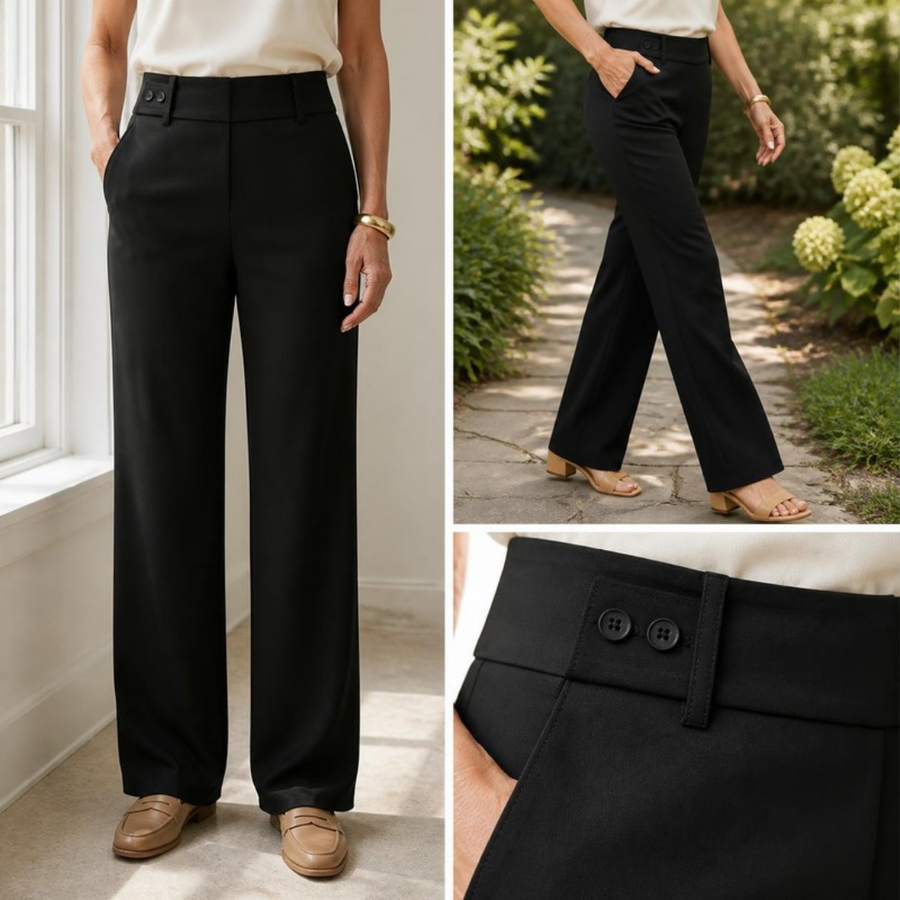 Philippa wide-leg trousers in Black — two full-length views and a close-up of the waistband