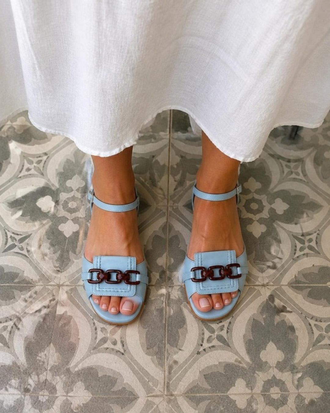 Erica sandals on foot, seen from above