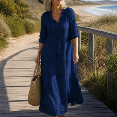 Verity maxi dress worn on a coastal walk