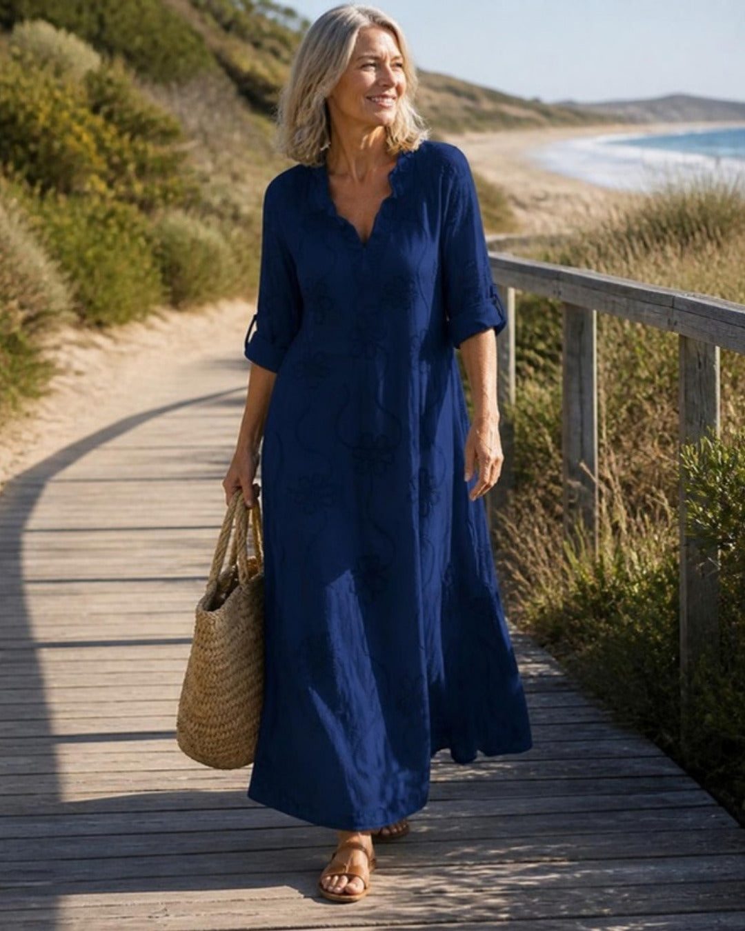Verity maxi dress worn on a coastal walk