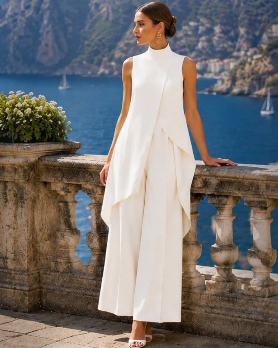 Fiorella draped high-neck jumpsuit styled for a day out