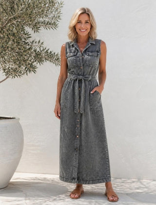 Bronte sleeveless denim maxi shirt dress in Grey