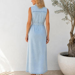 Bronte denim maxi dress in Light Blue, back view