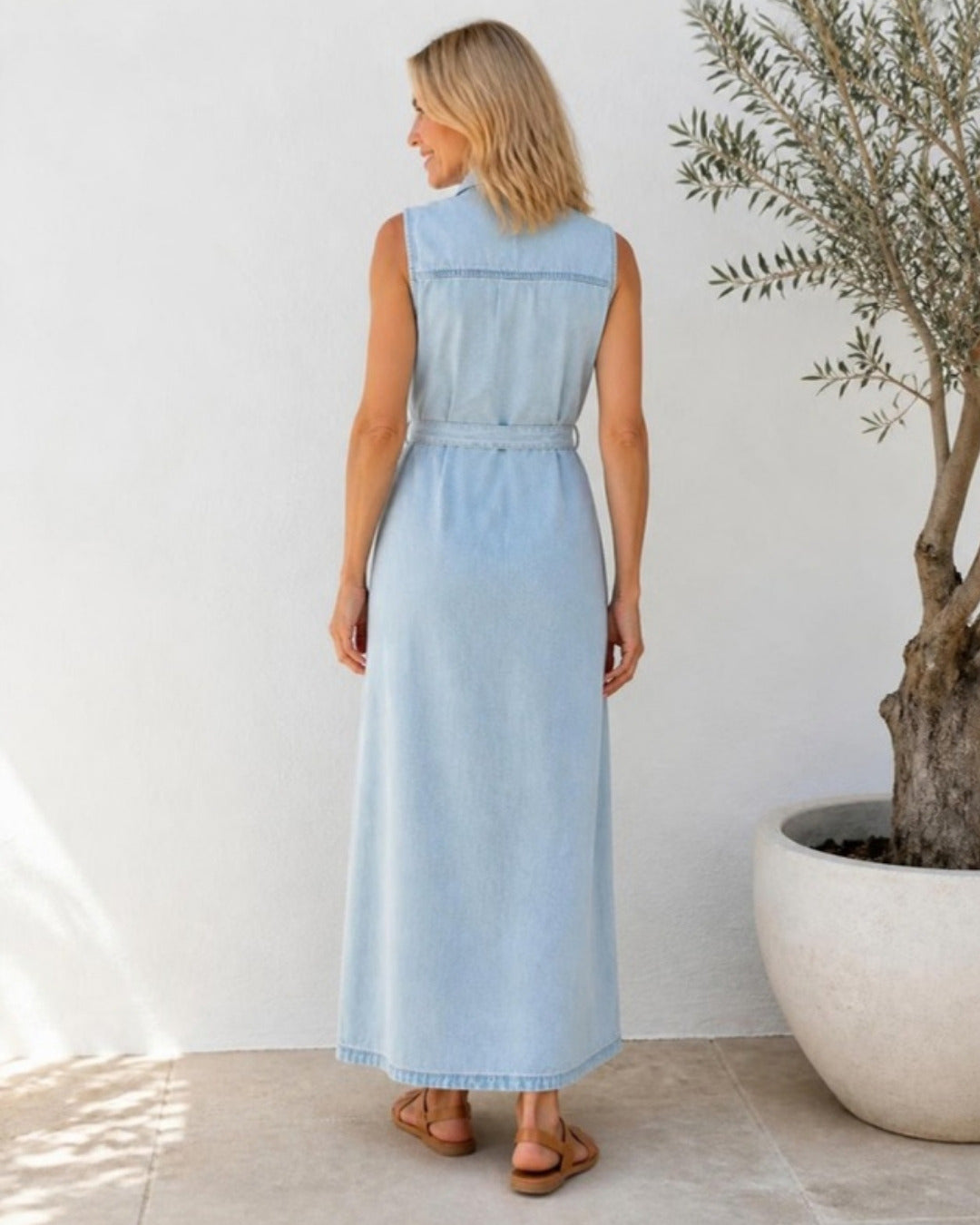 Bronte denim maxi dress in Light Blue, back view