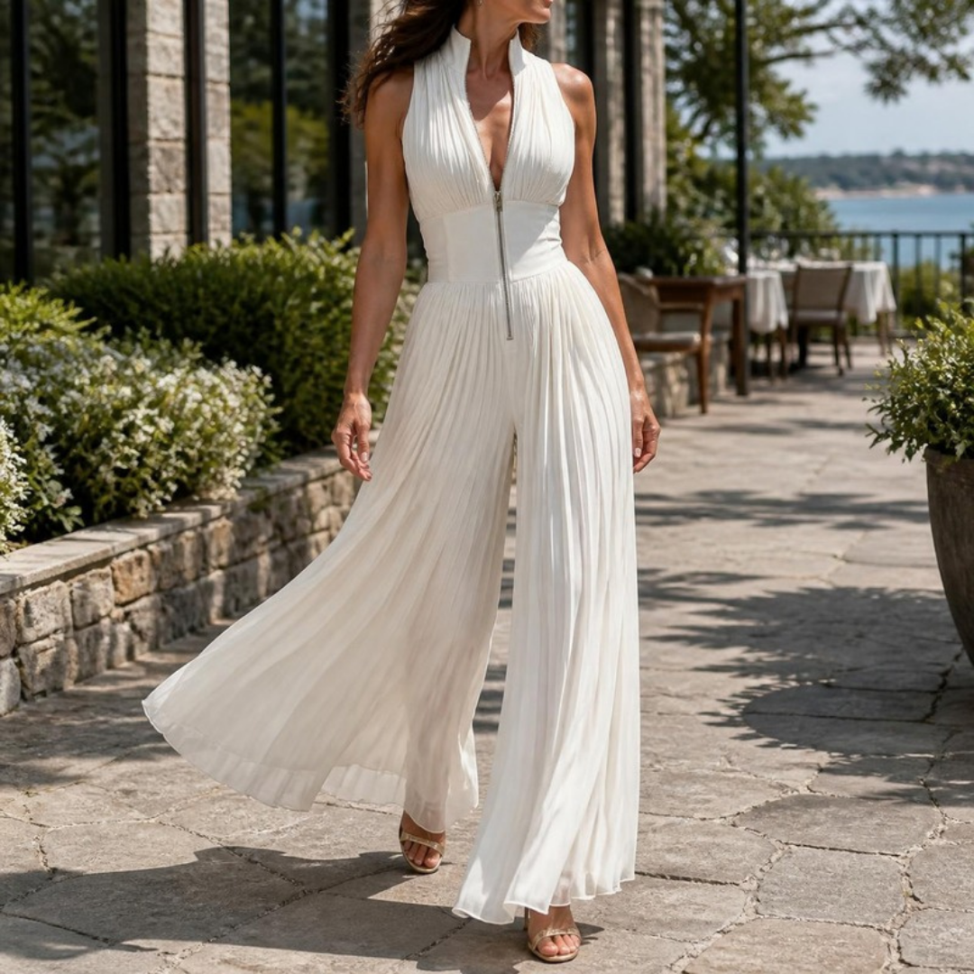 Linnea jumpsuit in White — pleated wide legs in motion while walking