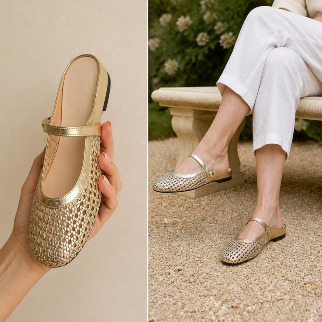 Maisie mule flats in Gold — split view, held in hand and worn seated with legs crossed