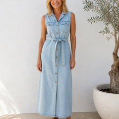 Bronte sleeveless denim maxi shirt dress in Light Blue