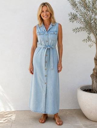 Bronte sleeveless denim maxi shirt dress in Light Blue