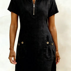 Tamsin zip-neck cotton-linen dress in Black