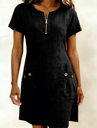 Tamsin zip-neck cotton-linen dress in Black