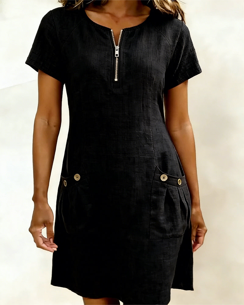 Tamsin zip-neck cotton-linen dress in Black