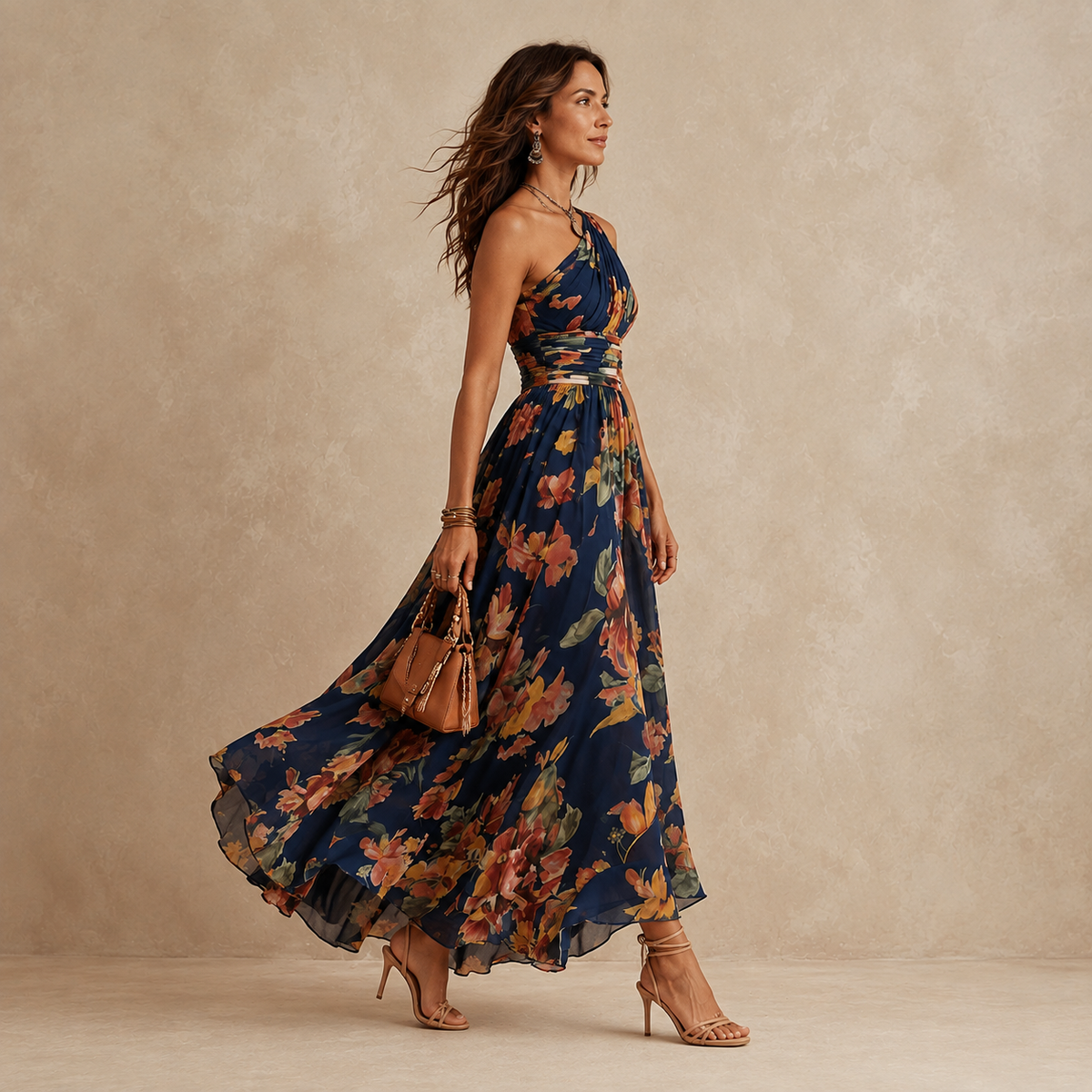 Delphine One-Shoulder Floral Maxi Dress in Navy – side view