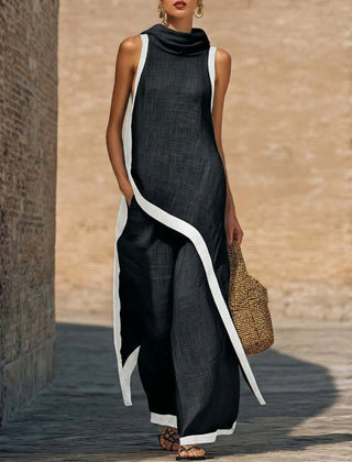 Ingrid cowl-neck top and wide-leg pant set in Black