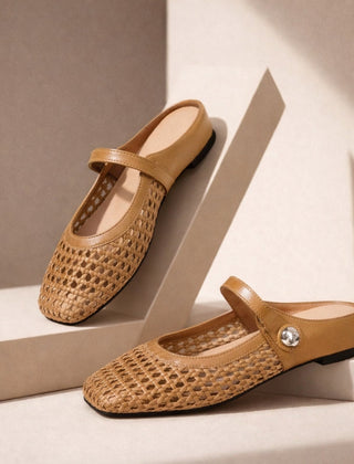 Maisie mule flats in Camel — pair on a neutral studio step