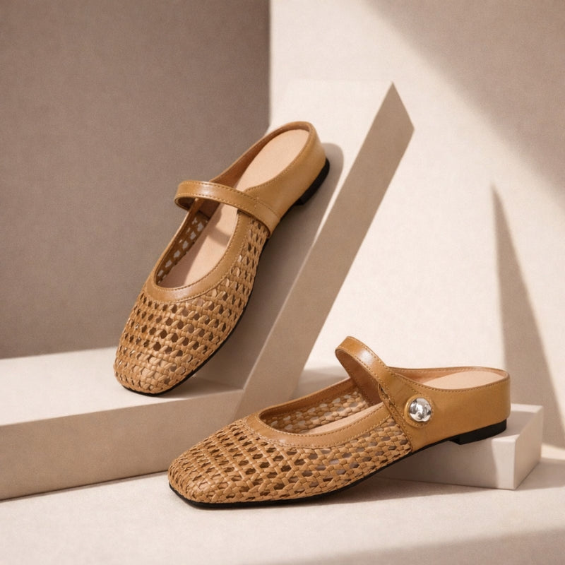 Maisie mule flats in Camel — pair on a neutral studio step