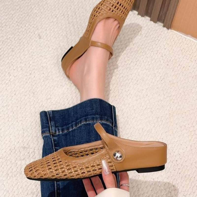Maisie mule flats in Camel — worn with denim