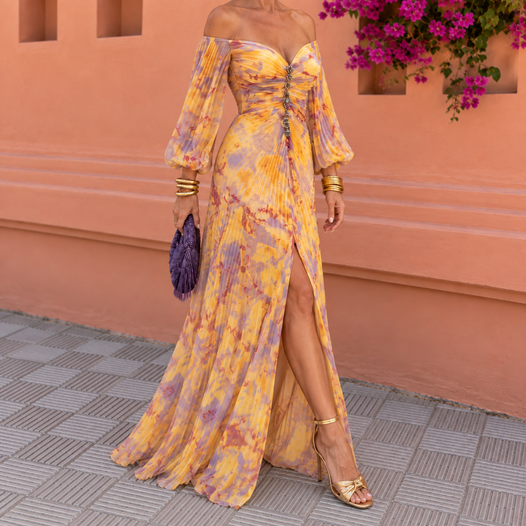 Gregoria™ | Tummy Flattering Long Floral Dress with Deep Neckline
