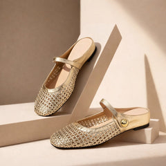 Maisie mule flats in Gold — pair on a neutral studio step