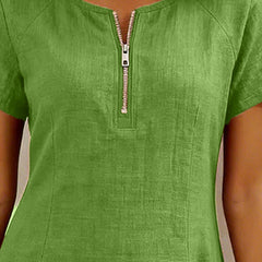 Tamsin dress in Green, zip neckline close-up