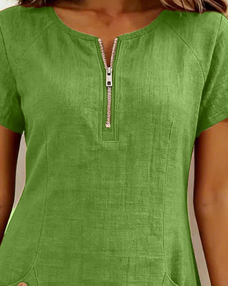 Tamsin dress in Green, zip neckline close-up