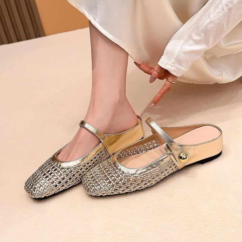 Maisie mule flats in Gold — worn, seen from above