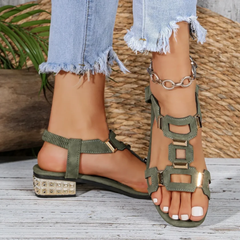 Ottilie sandals side view showing the low block heel
