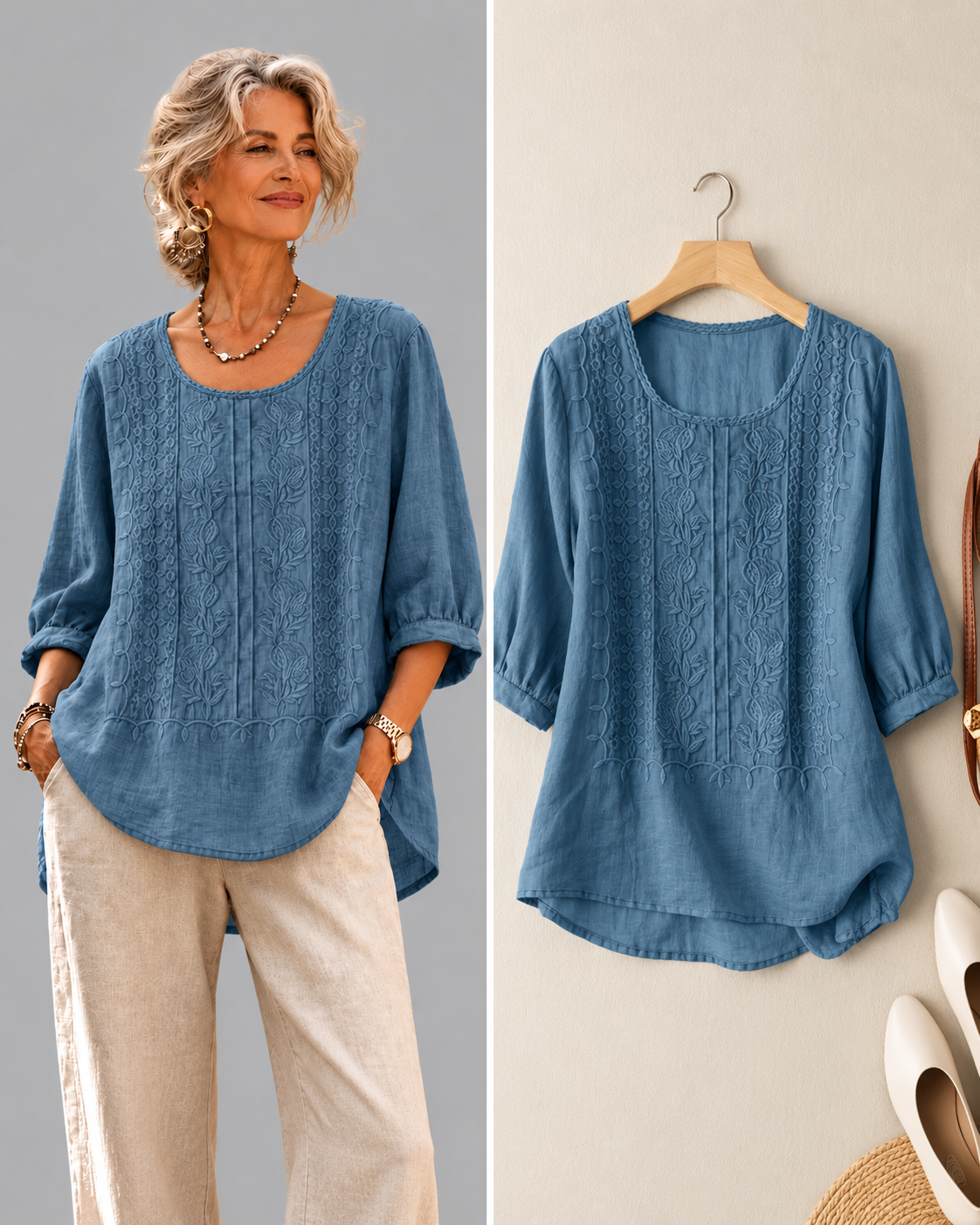 Arwen | Relaxed Embroidered 3/4 Sleeve Blouse