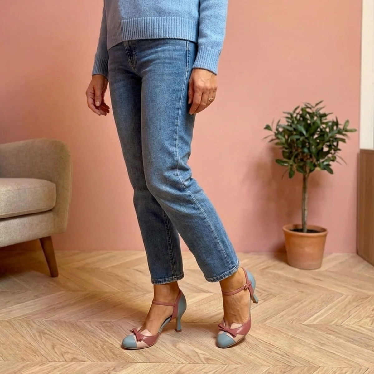 Tabitha bow heels in Dusty Blue worn with jeans