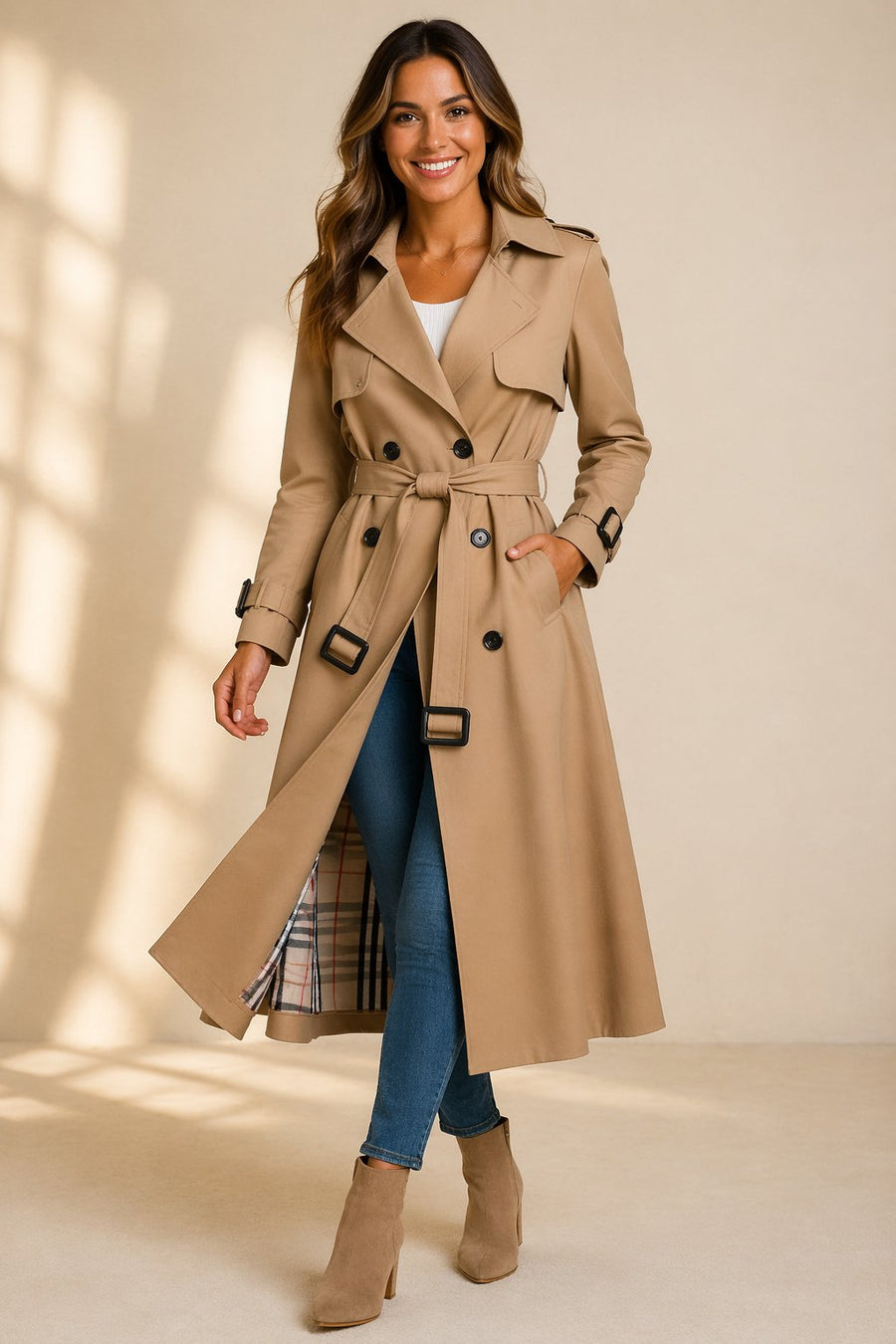 Stevie | Elegant Women's Long Trench Coat with Waist Belt