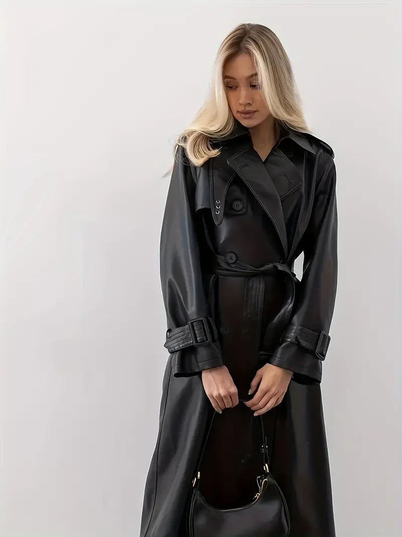 Marcella | Women's Long Belted Faux Leather Trench Coat