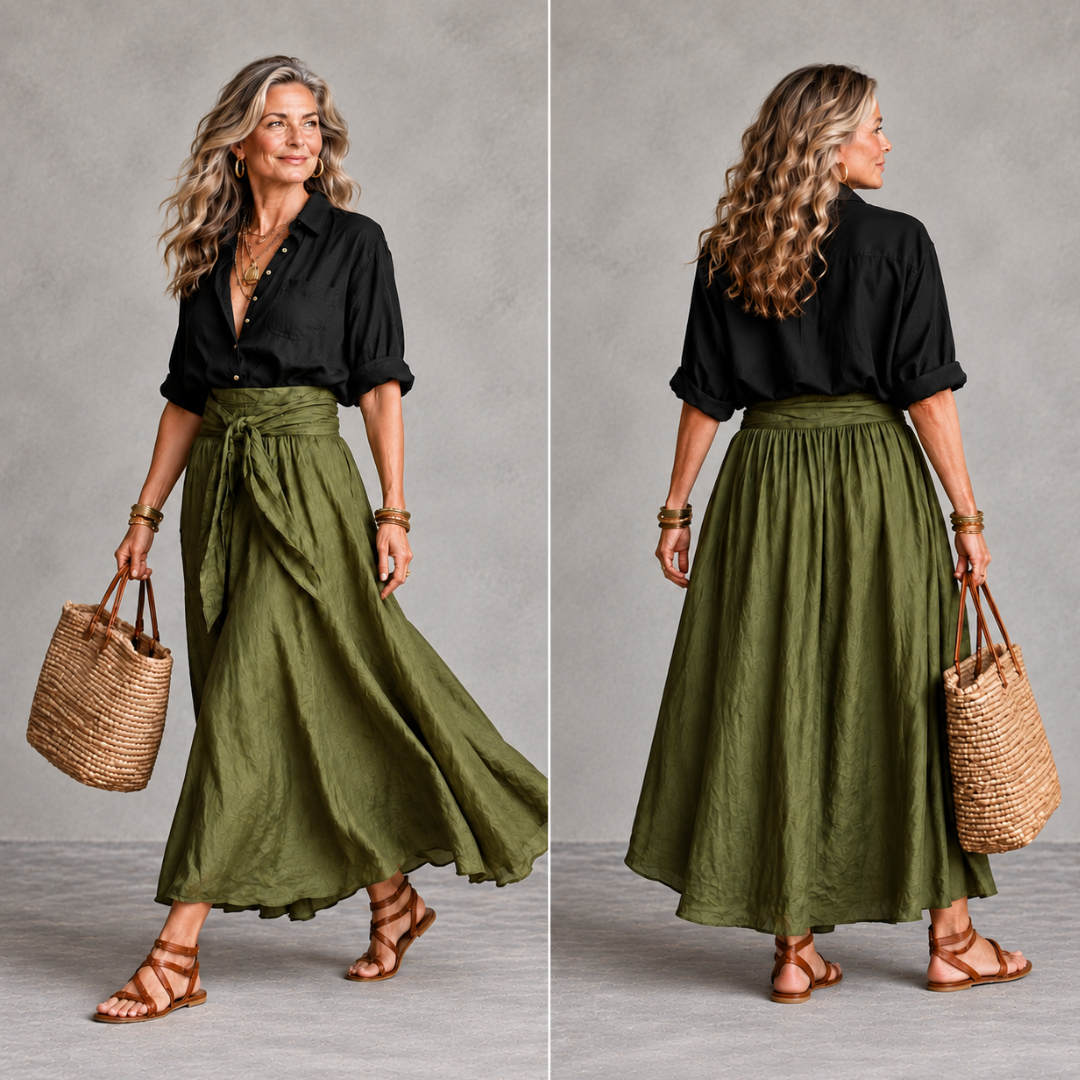 RIVER | Two-Piece Set: Black Top and Olive Green Midi Skirt