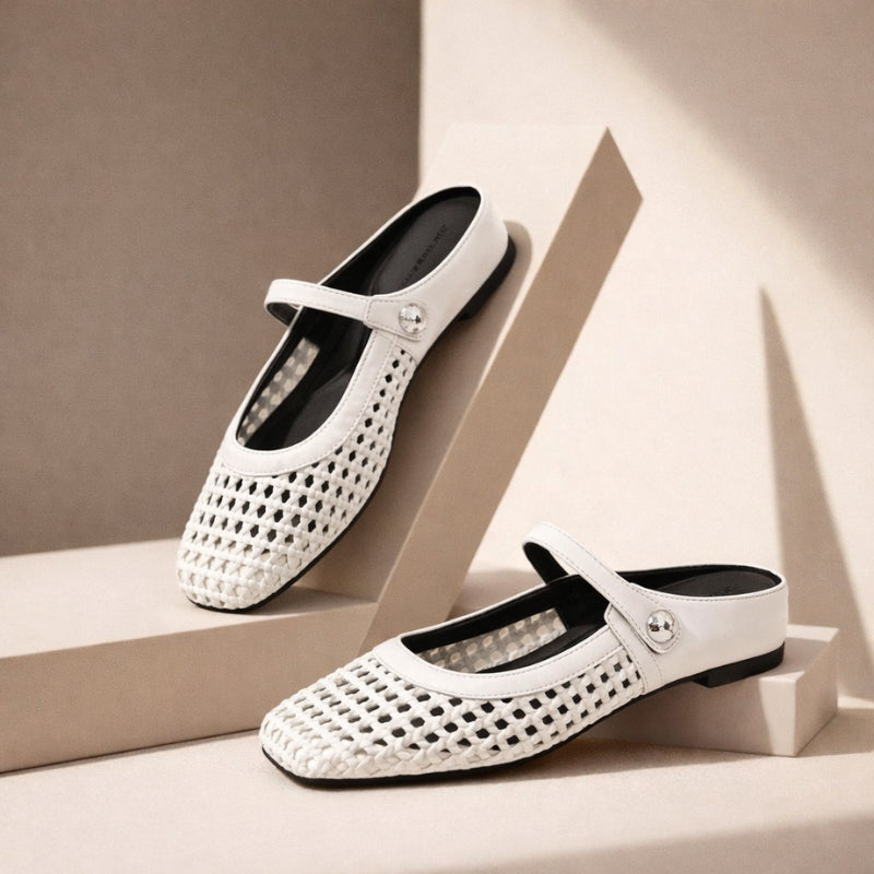 Maisie mule flats in White — pair on a neutral studio step