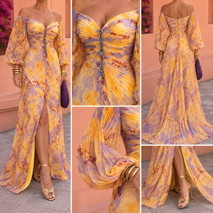 Gregoria™ | Tummy Flattering Long Floral Dress with Deep Neckline