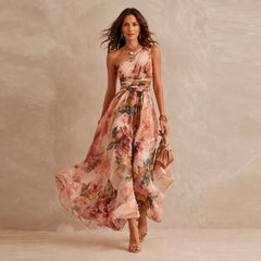 Delphine One-Shoulder Floral Maxi Dress in Pink – front view