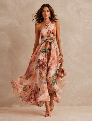 Delphine One-Shoulder Floral Maxi Dress in Pink – front view